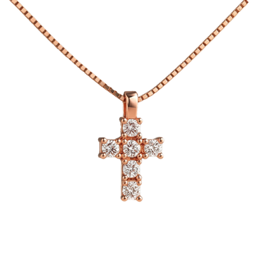 Croce diamanti e oro rosa 18K con catena passante da 0.10 a 0.22 ct