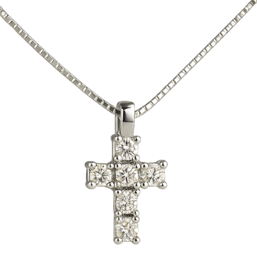 Croce diamanti e oro bianco 18K con catena passante da 0.10 a 0.22 ct