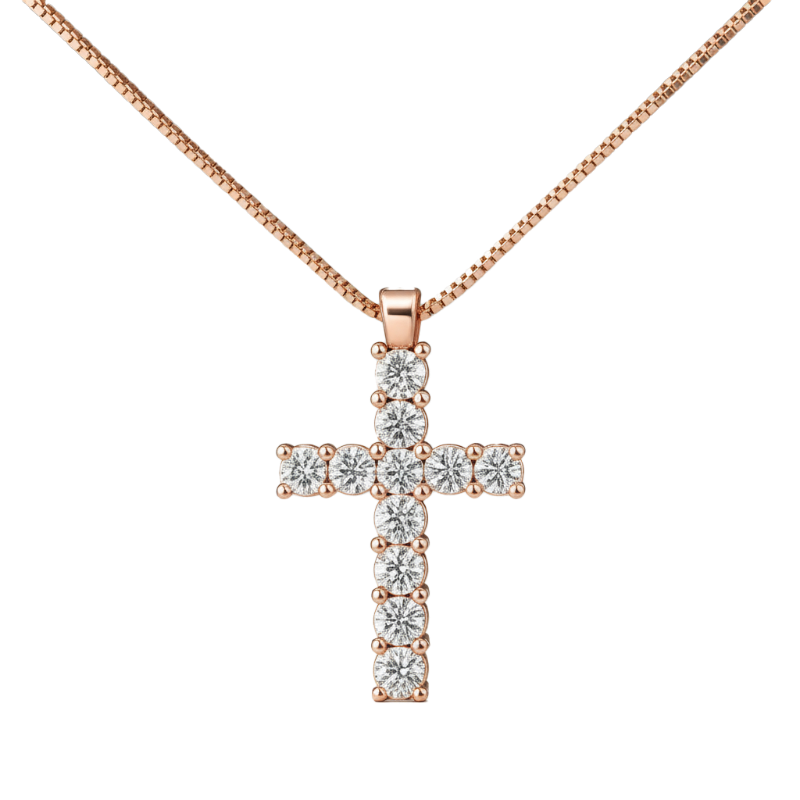 Croce diamanti e oro rosa 18K con catena passante da 0.10 a 0.22 ct