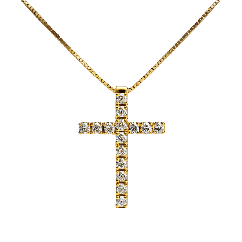 Croce diamanti e oro giallo 18K con catena passante da 0.10 a 0.22 ct
