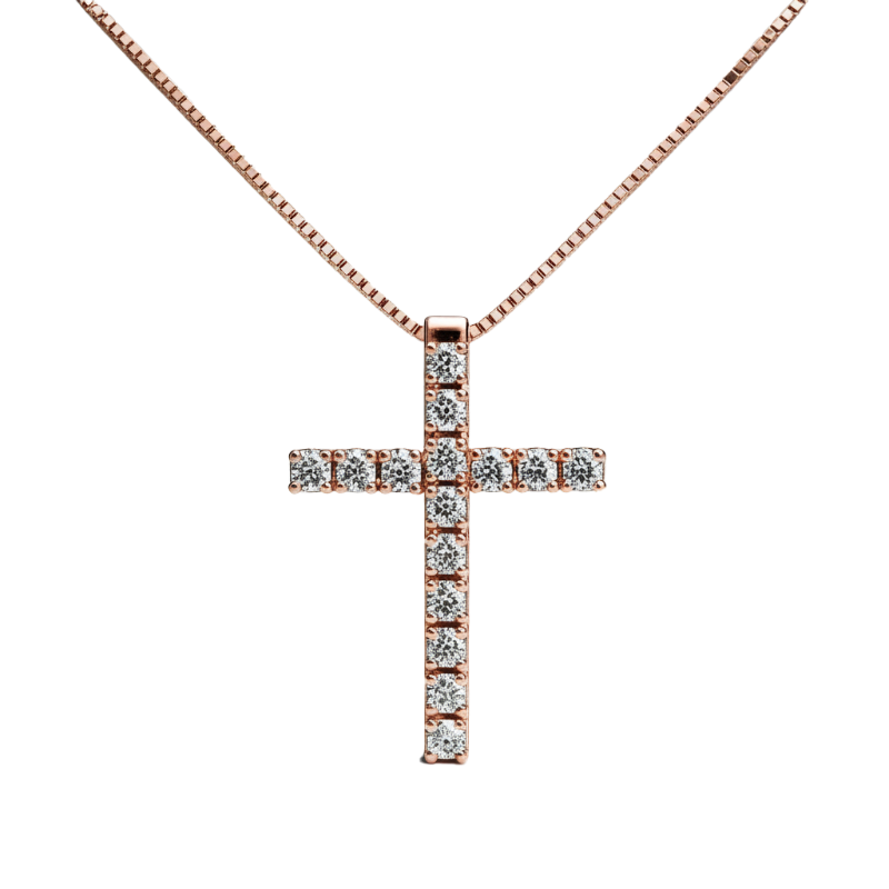 Croce diamanti e oro rosa 18K con catena passante da 0.10 a 0.22 ct