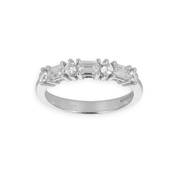 Fedina Oro Bianco 18K con 3 Diamanti Taglio Smeraldo Alternati a Diamanti Round