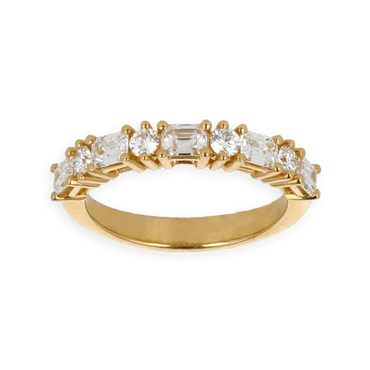 Fedina Oro Giallo 18K con 5 Diamanti Taglio Smeraldo Alternati a Diamanti Round