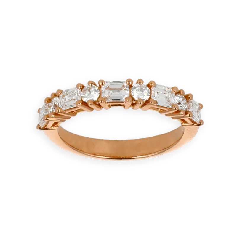 Fedina Oro Rosa 18K con 5 Diamanti Taglio Smeraldo Alternati a Diamanti Round