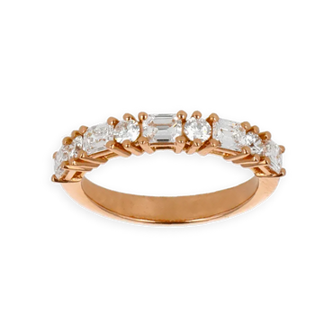 Fedina Oro Rosa 18K con 5 Diamanti Taglio Smeraldo Alternati a Diamanti Round