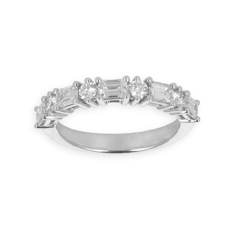 Fedina Oro Bianco 18K con 5 Diamanti Taglio Smeraldo Alternato a Diamanti Round