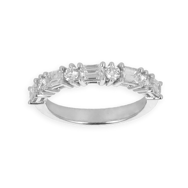 Fedina Oro Bianco 18K con 5 Diamanti Taglio Smeraldo Alternato a Diamanti Round