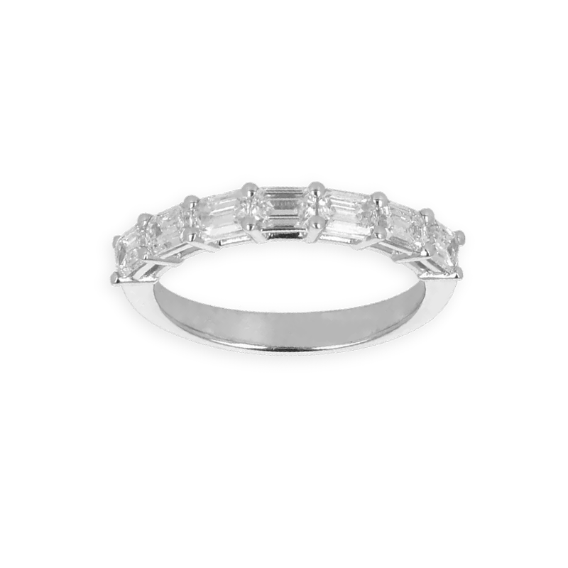 Fedina Oro Bianco 18K con 7 Diamanti Taglio Smeraldo e Diamanti