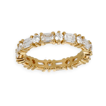 Fedina a Giro Oro Giallo 18K con Diamanti Taglio Smeraldo Alternato a Diamanti Round