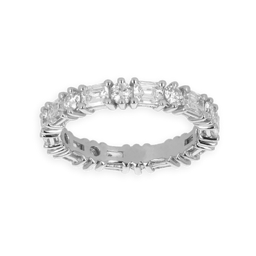 Fedina a Giro Oro Bianco 18K con Diamanti Taglio Smeraldo Alternato a Diamanti Round