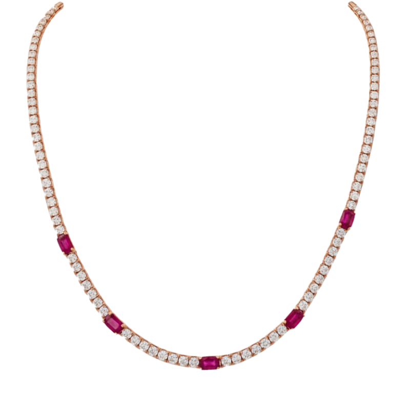 Collana oro rosa 18K con diamanti e spot rubini ovali