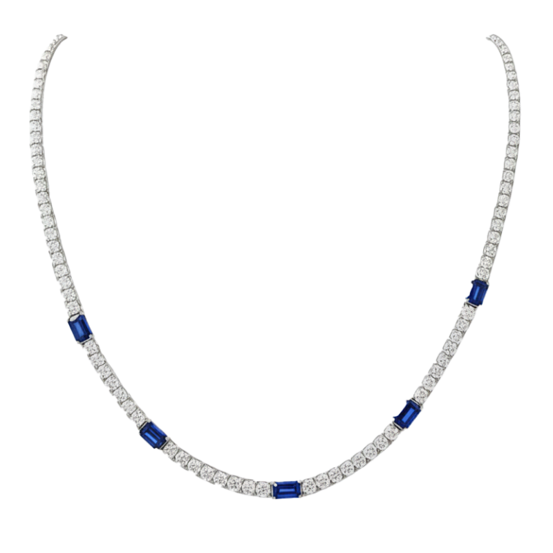Collana oro bianco 18K con diamanti e spot zaffiri ovali