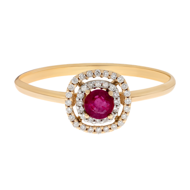 Anello oro giallo 18K con rubino e fila di diamanti per lato