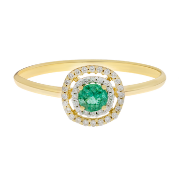 Anello oro giallo 18K con smeraldo e fila di diamanti per lato