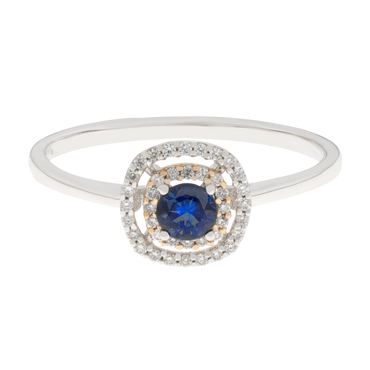 Anello oro bianco 18K con zaffiro e fila di diamanti per lato