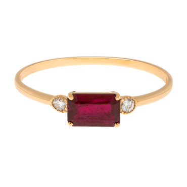 Anello oro giallo 18K con rubino emerald e diamanti laterali