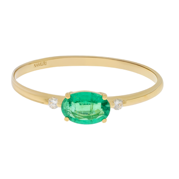 Anello oro giallo 18K con smeraldo oval e diamanti laterali