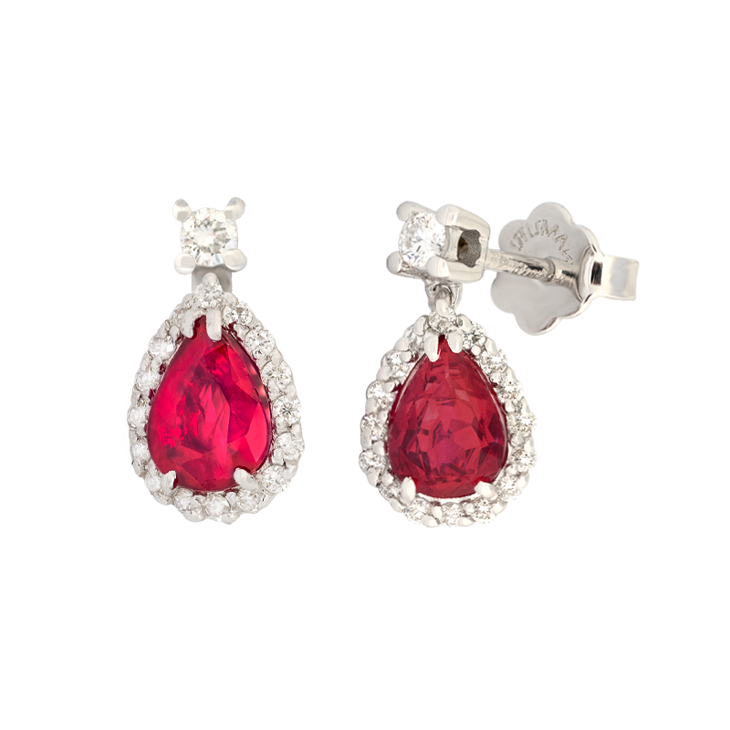 Orecchini oro bianco 18K con diamanti con rubino centrale a goccia