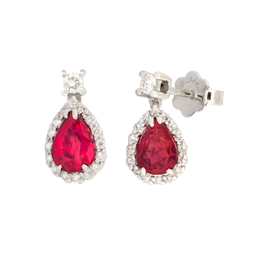 Orecchini oro bianco 18K con diamanti con rubino centrale a goccia