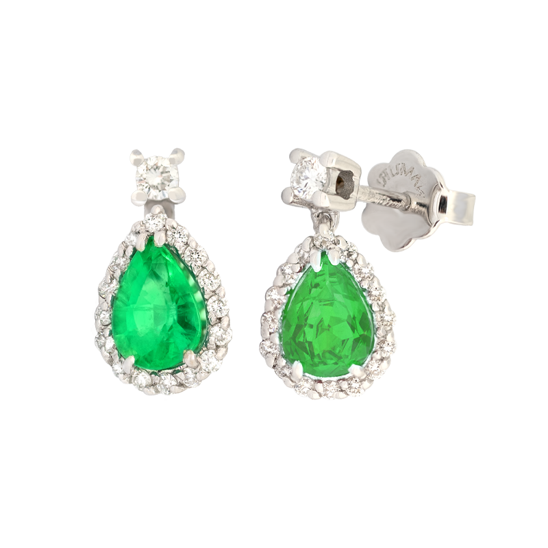 Orecchini oro bianco 18K con diamanti con smeraldo centrale a goccia