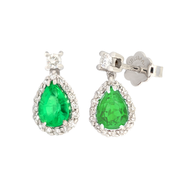 Orecchini oro bianco 18K con diamanti con smeraldo centrale a goccia