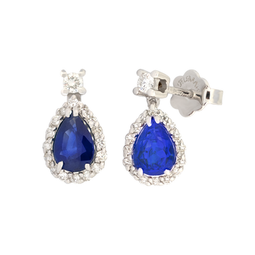 Orecchini oro bianco 18K con diamanti con zaffiro centrale a goccia