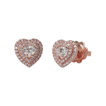 Orecchini in oro rosa 18K con diamanti pavè con cuore centrale doppio contorno