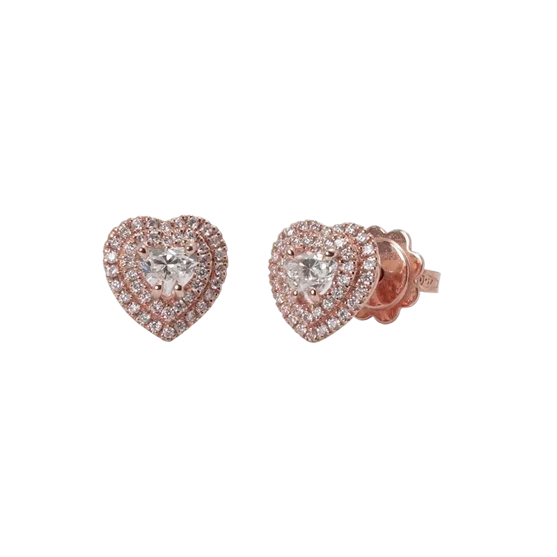 Orecchini in oro rosa 18K con diamanti pavè con cuore centrale doppio contorno