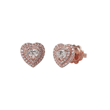 Orecchini in oro rosa 18K con diamanti pavè con cuore centrale doppio contorno