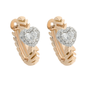Orecchini a spiga oro giallo 18K con diamanti centrali a cuore con contorno di diamanti round da 0.46 a 0.78 ct