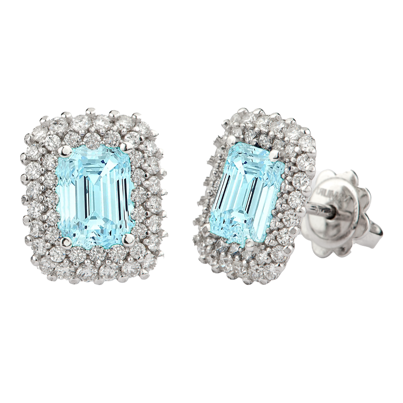 Orecchini Oro Bianco 18K con Diamanti e Acquamarina Ottagonale