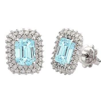 Orecchini Oro Bianco 18K con Diamanti e Acquamarina Ottagonale
