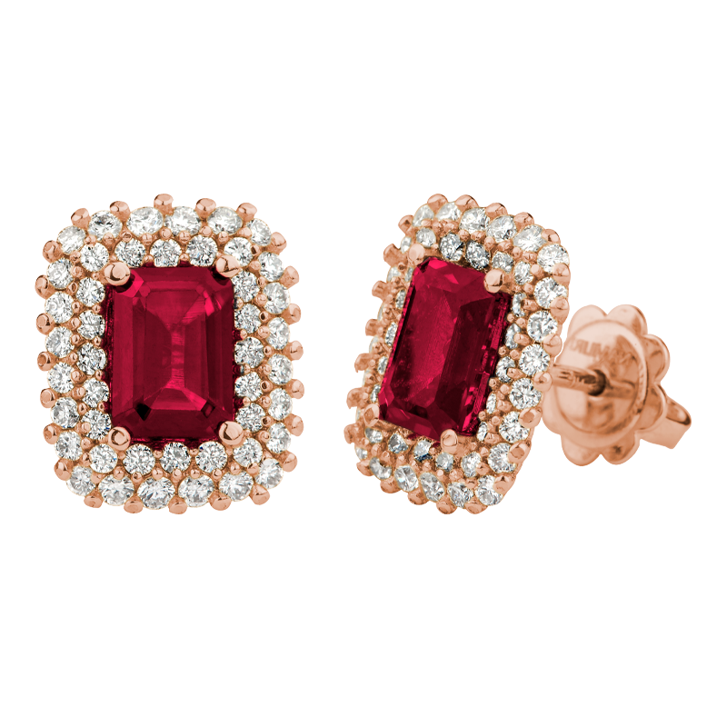 Orecchini Oro Rosa 18K con Diamanti e Rubini Ottagonali