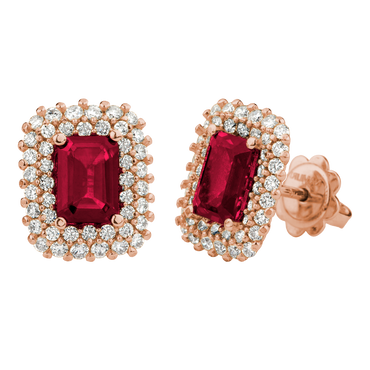 Orecchini Oro Rosa 18K con Diamanti e Rubini Ottagonali
