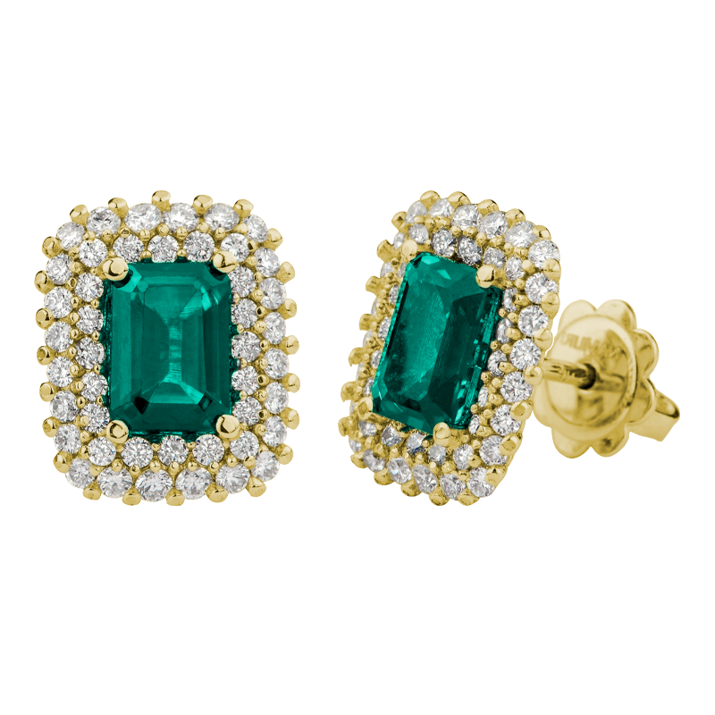 Orecchini Oro Giallo 18K con Diamanti e Smeraldi Ottagonali