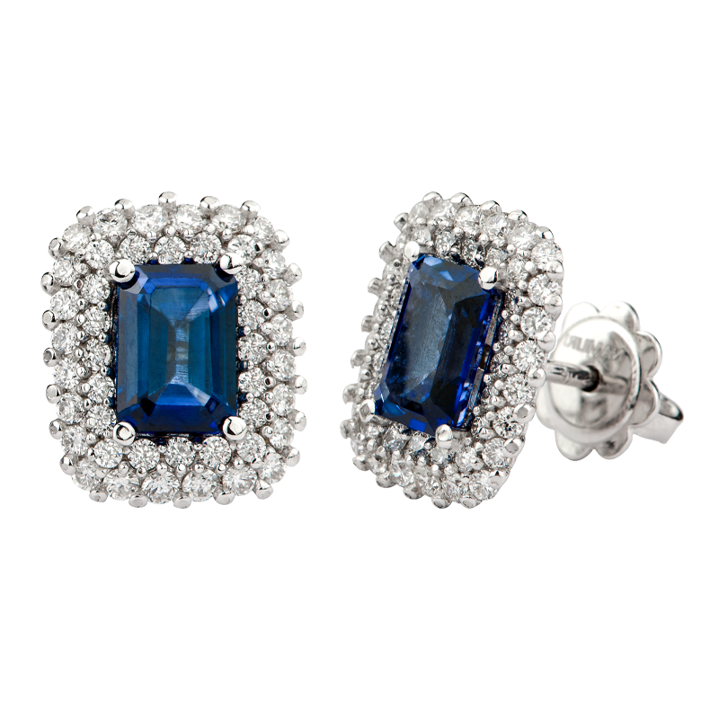 Orecchini Oro Bianco 18K con Diamanti e Zaffiri Ottagonali
