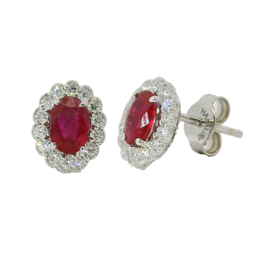 Orecchini oro bianco 18K con rubino centrale e contorno diamanti