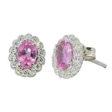 Orecchini oro bianco 18K con zaffiro rosa naturale centrale e contorno diamanti