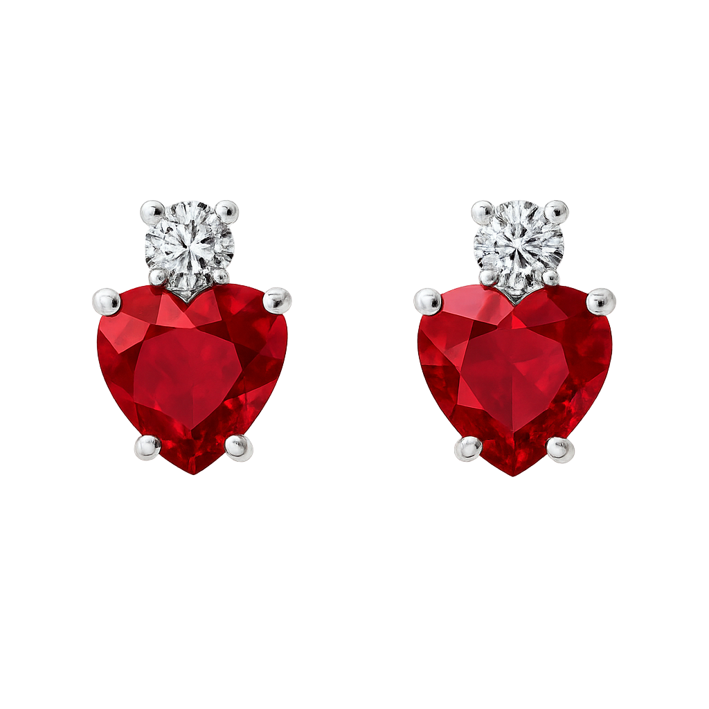 Orecchini rubino cuore con diamanti e oro bianco 18K