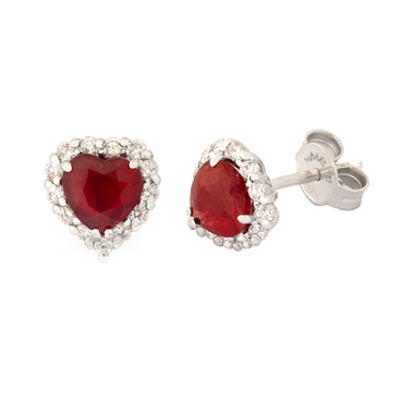 Orecchini oro bianco 18K con diamanti con rubino centrale a cuore