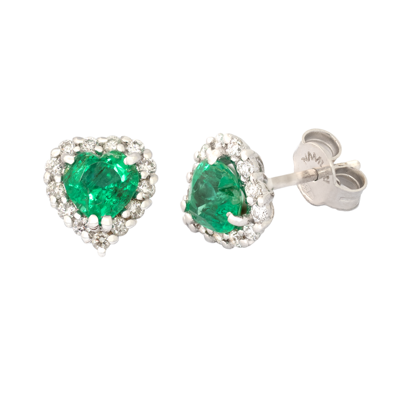 Orecchini oro bianco 18K con diamanti con smeraldo centrale a cuore