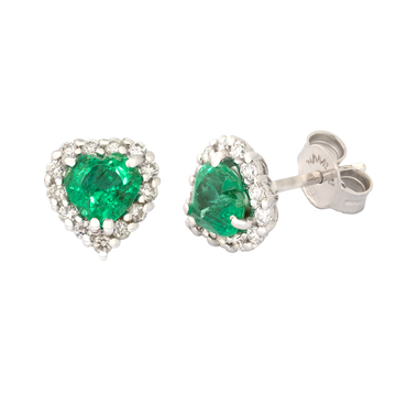 Orecchini oro bianco 18K con diamanti con smeraldo centrale a cuore