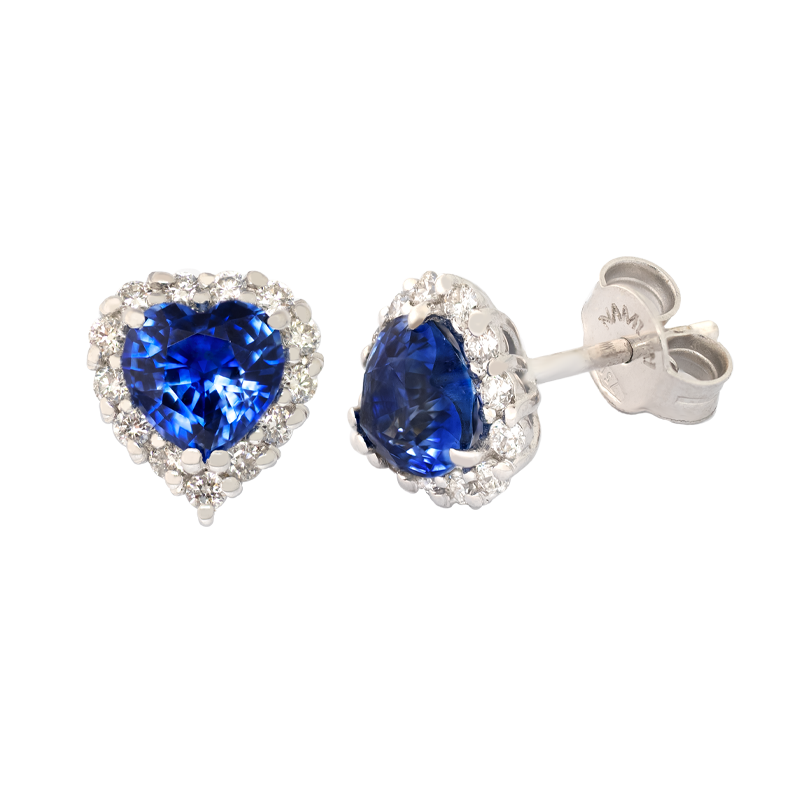 Orecchini oro bianco 18K con diamanti con zaffiro centrale a cuore