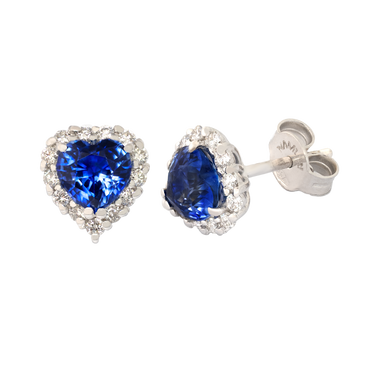 Orecchini oro bianco 18K con diamanti con zaffiro centrale a cuore