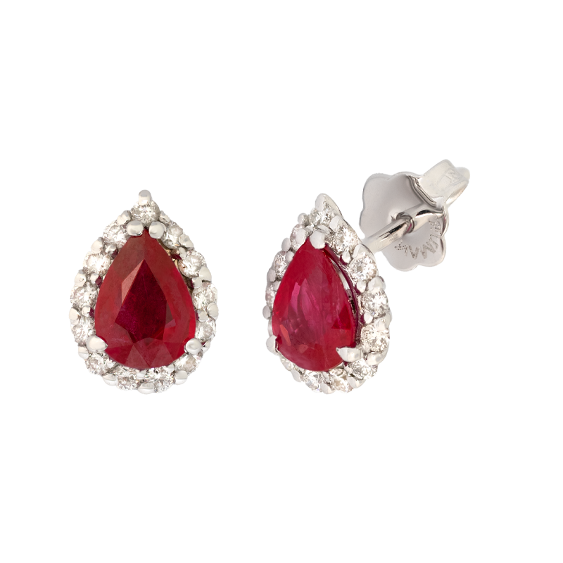Orecchini oro bianco 18K con diamanti con rubino centrale a goccia