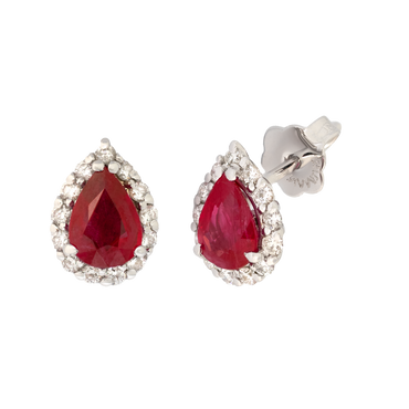 Orecchini oro bianco 18K con diamanti con rubino centrale a goccia