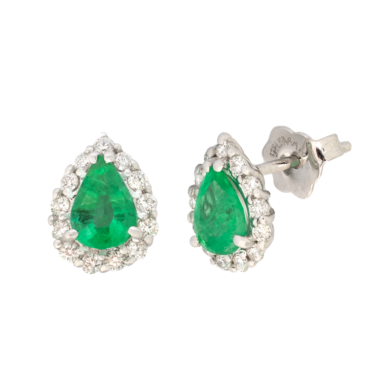 Orecchini oro bianco 18K con diamanti con smeraldo centrale a goccia