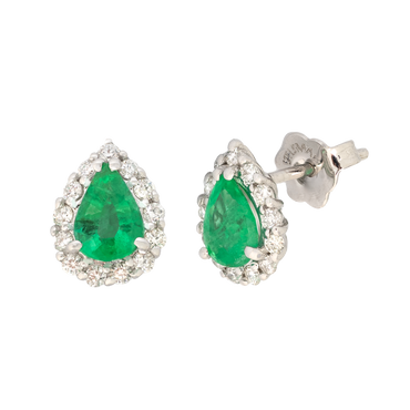 Orecchini oro bianco 18K con diamanti con smeraldo centrale a goccia