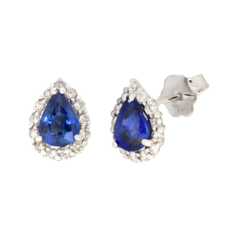 Orecchini oro bianco 18K con diamanti con zaffiro centrale a goccia