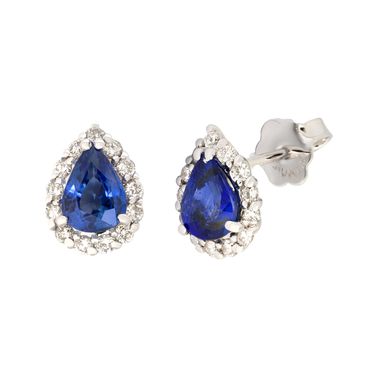 Orecchini oro bianco 18K con diamanti con zaffiro centrale a goccia